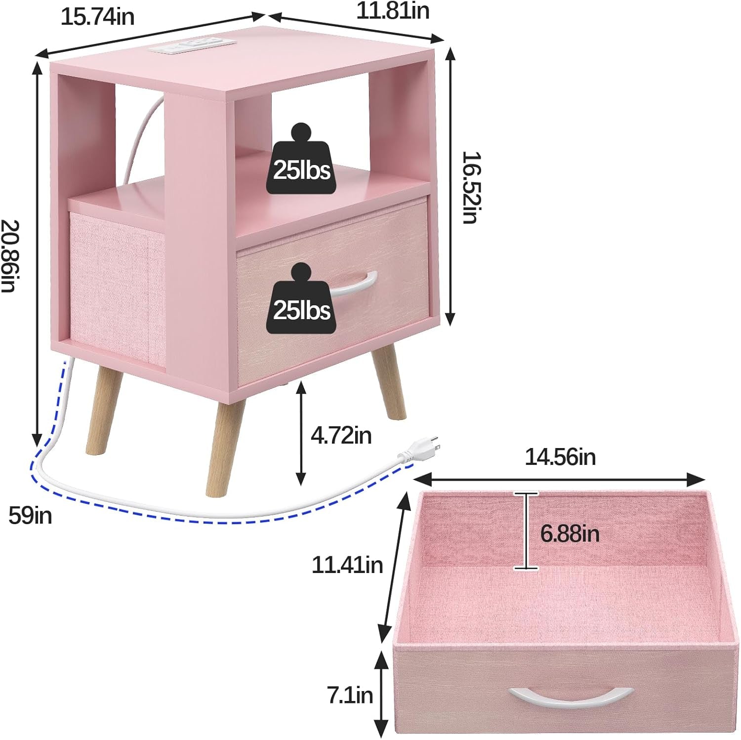 Night Stand with Charging Station, Pink Kids Nightstand with Drawer, 2-Tier Nursery Bedside Table with USB Ports and Outlets, End Table for Small Space, Living Room, Bedroom
