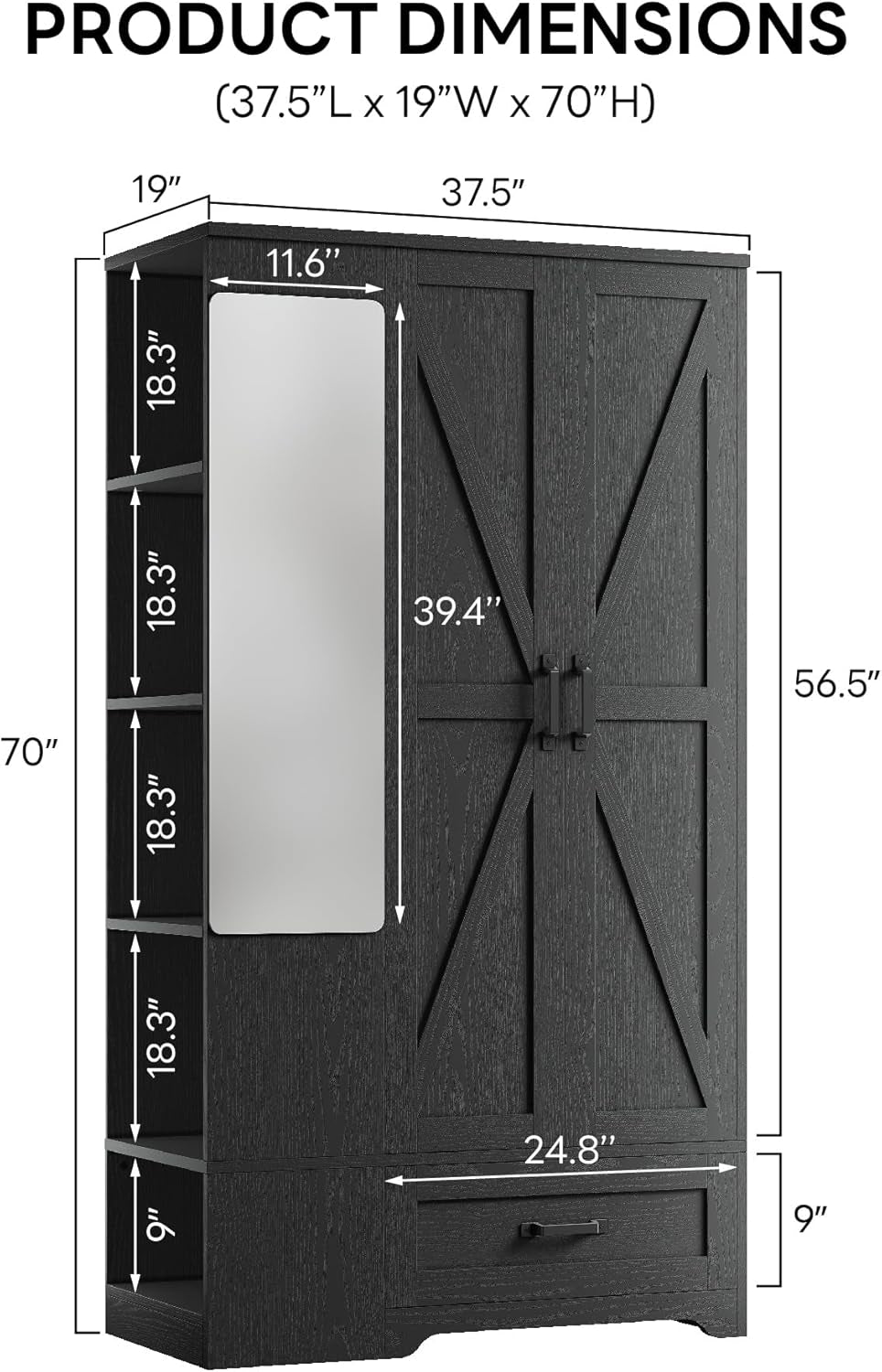 Armoire Wardrobe Closet 70 Inches, Large Storage with Mirror, 2 Doors, Drawer, and Shelves, Modern Bedroom Freestanding Wooden Wardrobe Combination with Hanging Rail, Black
