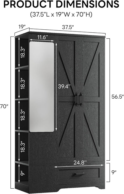 Armoire Wardrobe Closet 70 Inches, Large Storage with Mirror, 2 Doors, Drawer, and Shelves, Modern Bedroom Freestanding Wooden Wardrobe Combination with Hanging Rail, Black