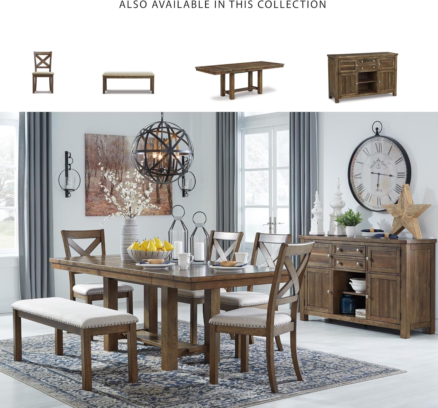Moriville Casual Rustic Upholstered Dining Bench, Grey & Brown