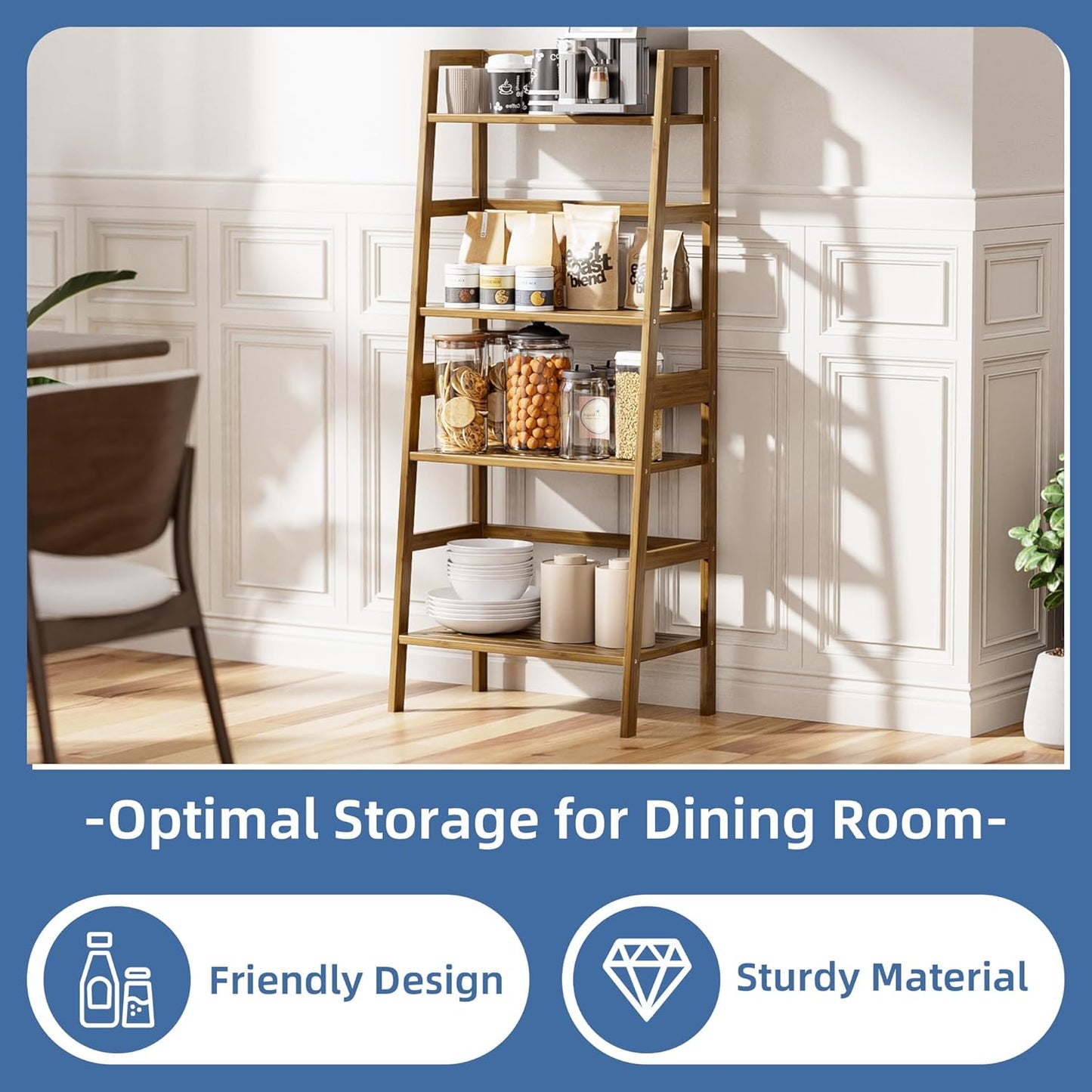 Ladder Shelf, 4-Tier Bamboo Bookshelf, Freestanding Open Display Storage Rack, Space Saving Flower Plant Display Stand for Bathroom Living Room, Walnut