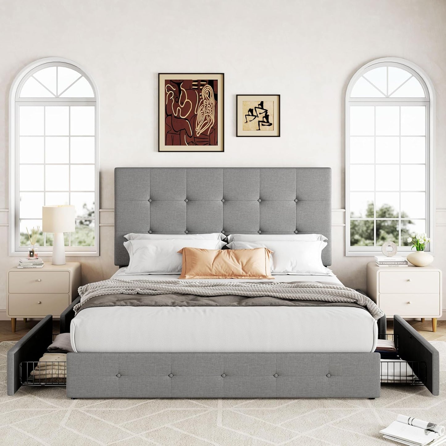 Upholstered Queen Size Platform Bed Frame with 4 Storage Drawers and Headboard, Square Stitched Button Tufted, Mattress Foundation with Wooden Slats Support, No Box Spring Needed, Light Grey