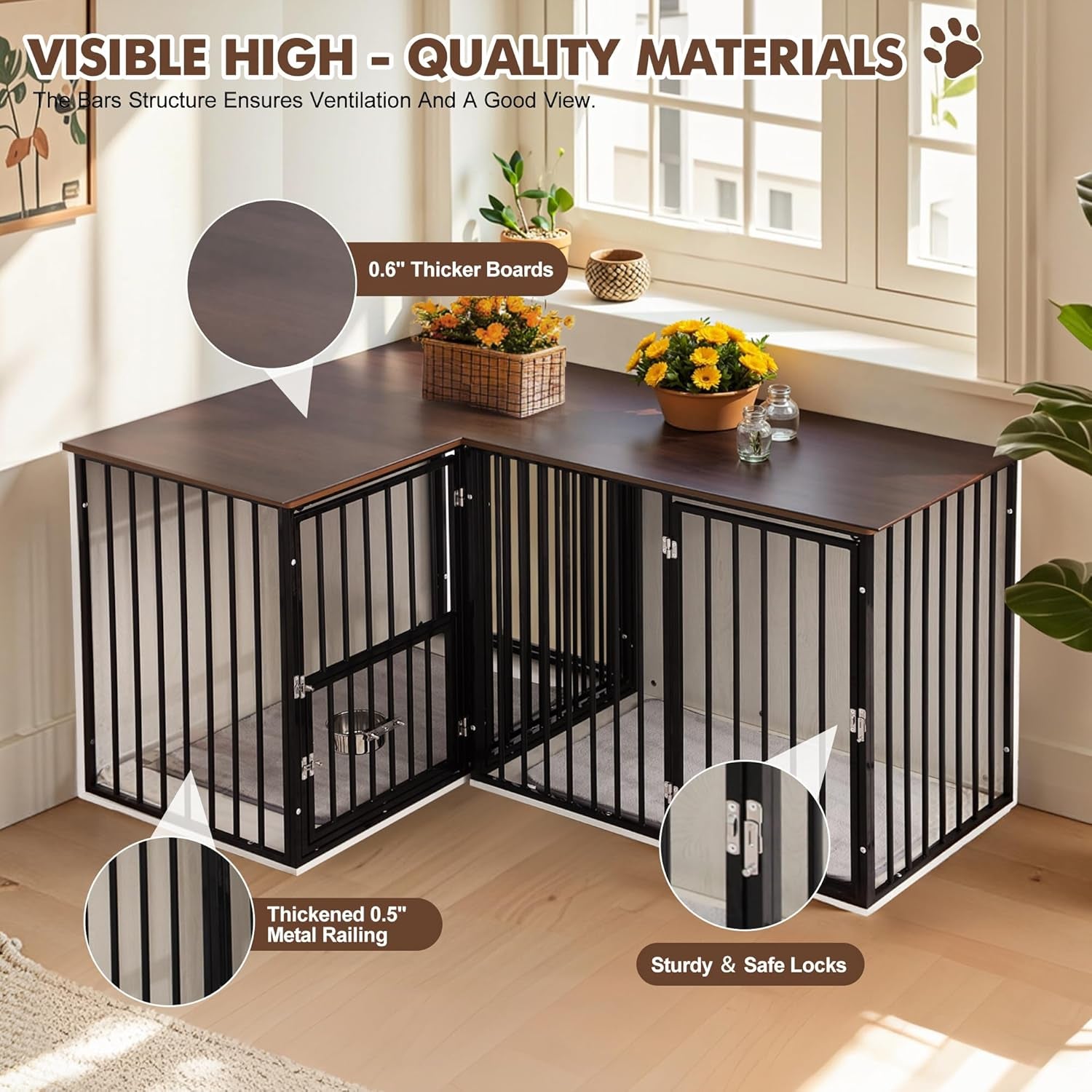 2 Dogs 60"-80" Double Crate Furniture for Large Medium Dogs, Heavy Duty Indoor Dog Kennel TV Stand with Dividers, Double-Room Indoor Dog House with Removable Trays (Black)