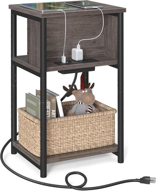 Side Table with Charging Station, 3-Tier End Table with USB Ports and Outlets, Nightstand for Living Room, Bedroom, 11.8 X 13.4 X 22.8 Inches, Plug-In Series, Chestnut Brown and Black
