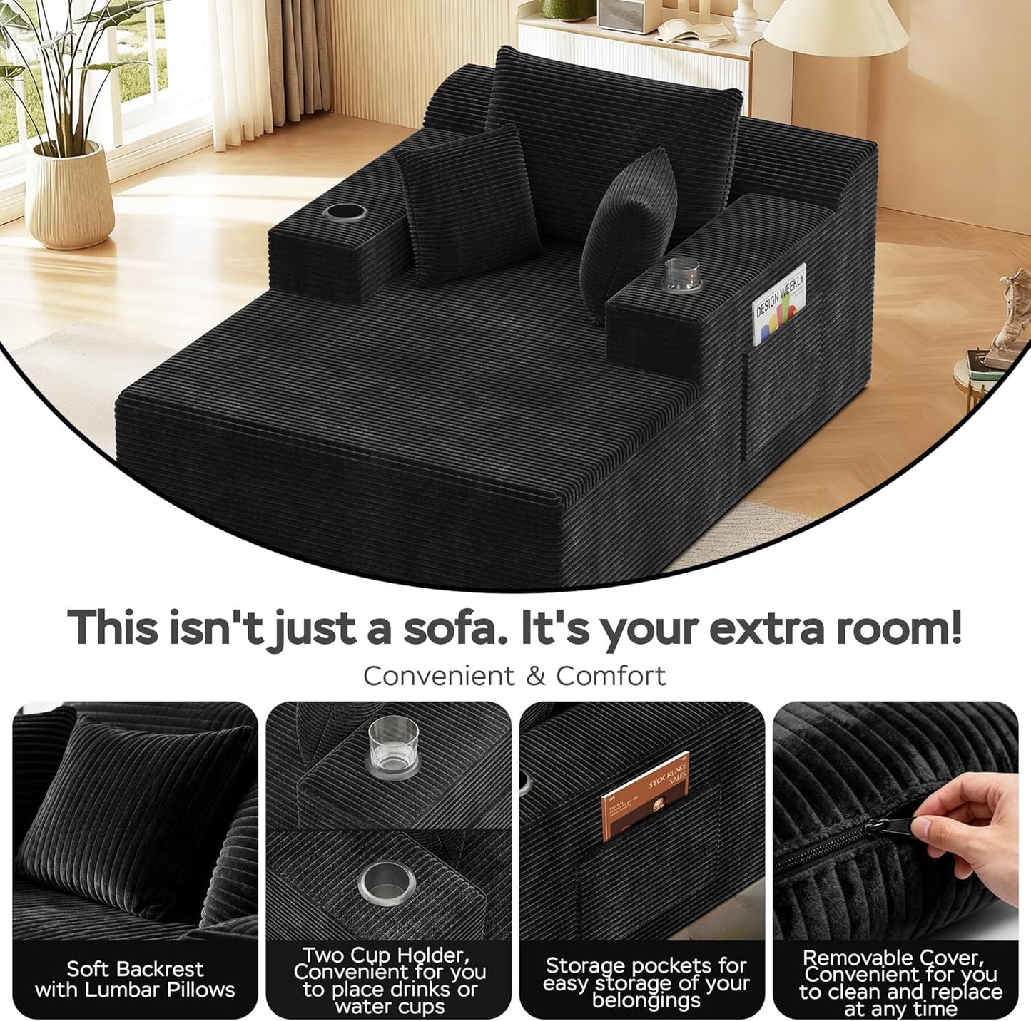 67 Inches Chaise Lounge Chair Indoor, Oversized Boneless Couch with 3 Throw Pillows and Armrests, Corduroy Upholstered Plush Sofa Bed with Storage, Lazy Chair Bed Sleeper for Living Room, Black