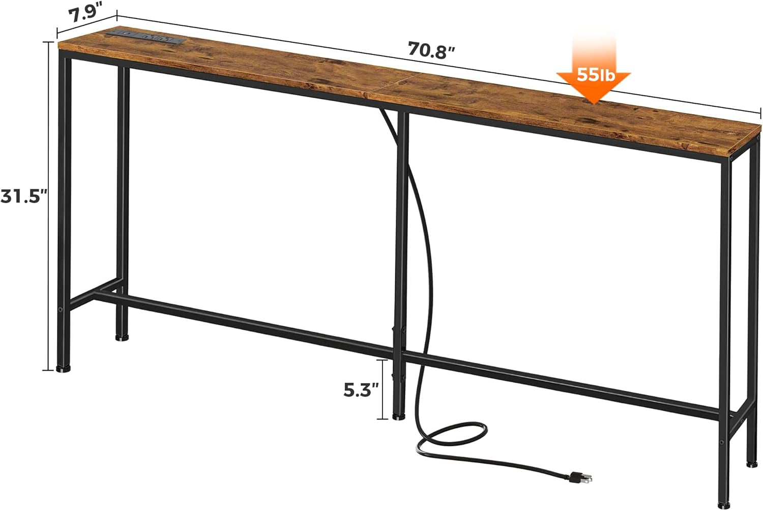 70 Inch Console Table with Outlet, Sofa Table with Charging Station, Narrow Entryway Table, Skinny Hallway Table, for Living Room, Rustic Brown