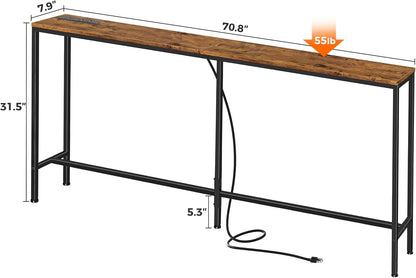 70 Inch Console Table with Outlet, Sofa Table with Charging Station, Narrow Entryway Table, Skinny Hallway Table, for Living Room, Rustic Brown