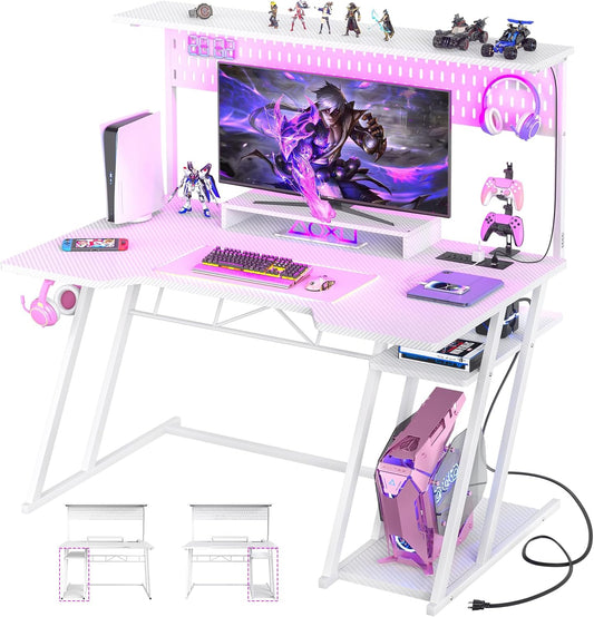 Gaming Computer Desk with Power Outlets, Gaming Desk with Hutch and LED Lights, Reversible PC Gaming Desk with Pegboard, Carbon Fiber White, 47"