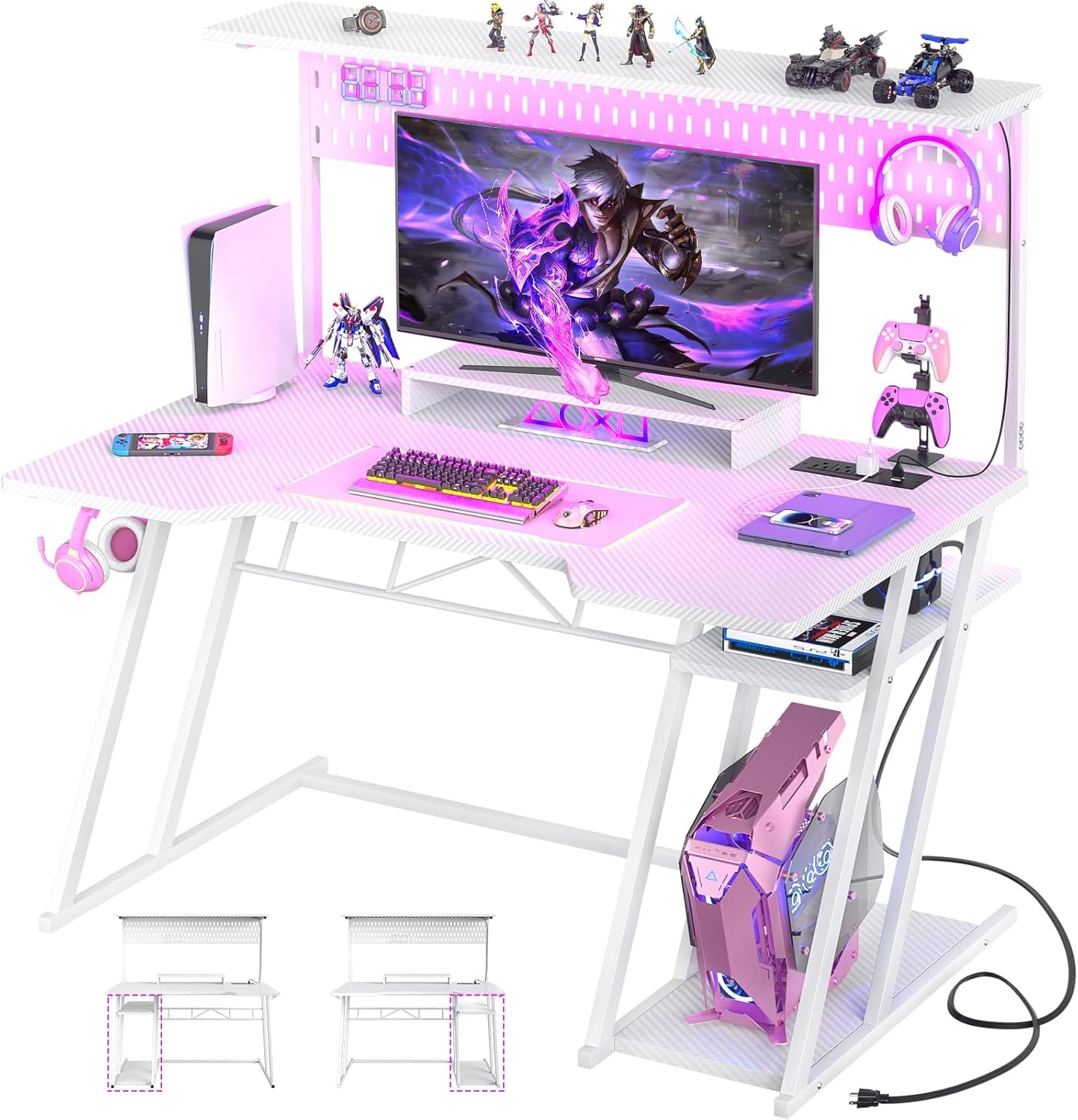 53'' White Gaming Desk with Hutch and LED Lights, Gaming Computer Desk with Storage Shelves & Z-Shaped Legs, Reversible PC Game Desk with Pegboard for Bedroom, Carbon Fiber Surface