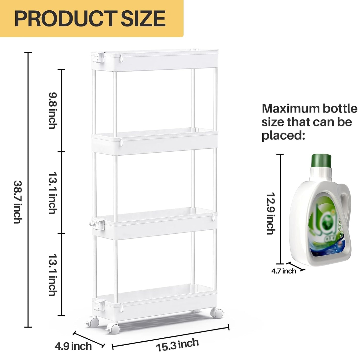 Slim Rolling Storage Cart 4 Tier Bathroom Organizer Mobile Shelving Unit Utility Cart Tower Rack for Kitchen Laundry Narrow Places, White