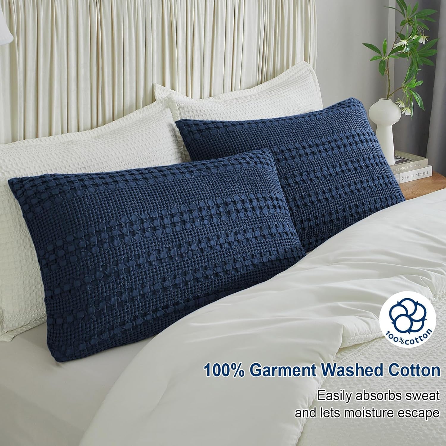 100% Cotton Waffle Pillow Shams King Size, 2 Pack 20" X 36" Soft Skin-Friendly Pillowcases, No Filling, Aesthetic Woven and Breathable Waffle Weave Pillow Case Covers for Bed, Blue Sapphire