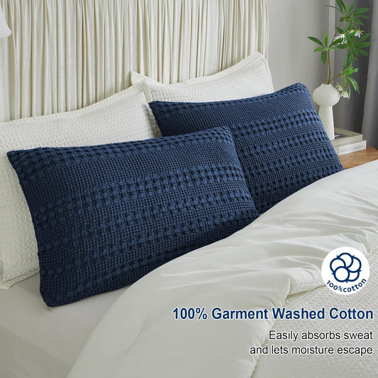 100% Cotton Waffle Pillow Shams King Size, 2 Pack 20" X 36" Soft Skin-Friendly Pillowcases, No Filling, Aesthetic Woven and Breathable Waffle Weave Pillow Case Covers for Bed, Blue Sapphire