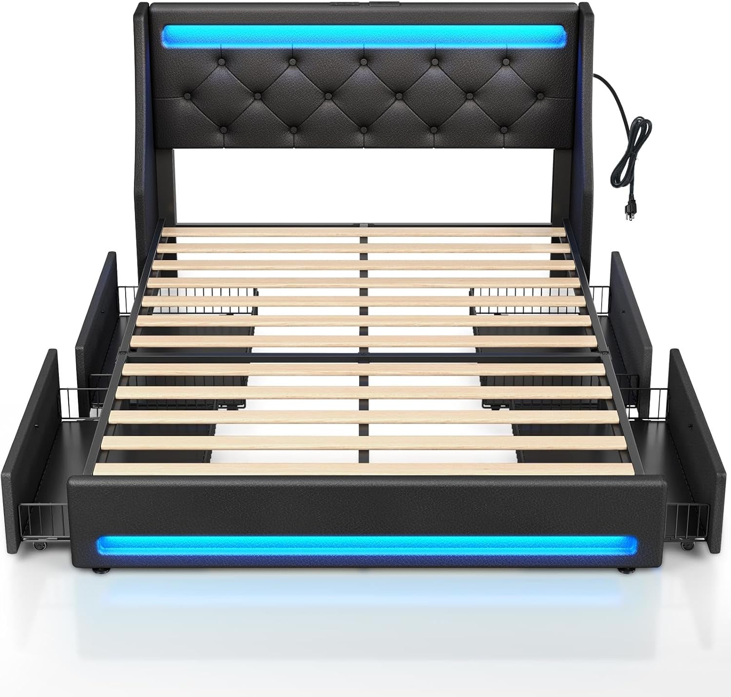 Full Bed Frame with LED Lights and Charging Station, PU Leather Bed with Drawers, Wooden Slats, Noise Free, Easy Assembly, Black