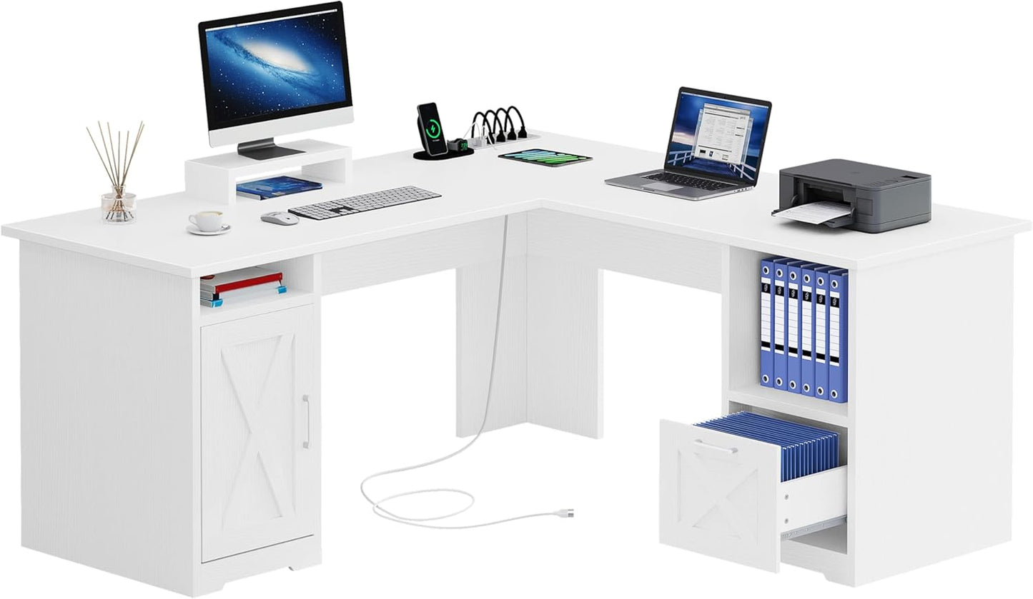 L Shaped Desk with Power Outlets, 60 Inch Computer Desk Corner Desk with File Drawer, Home Office Desk with Monitor Stand & Storage Shelves, L-Shaped Desk with File Cabinet, White