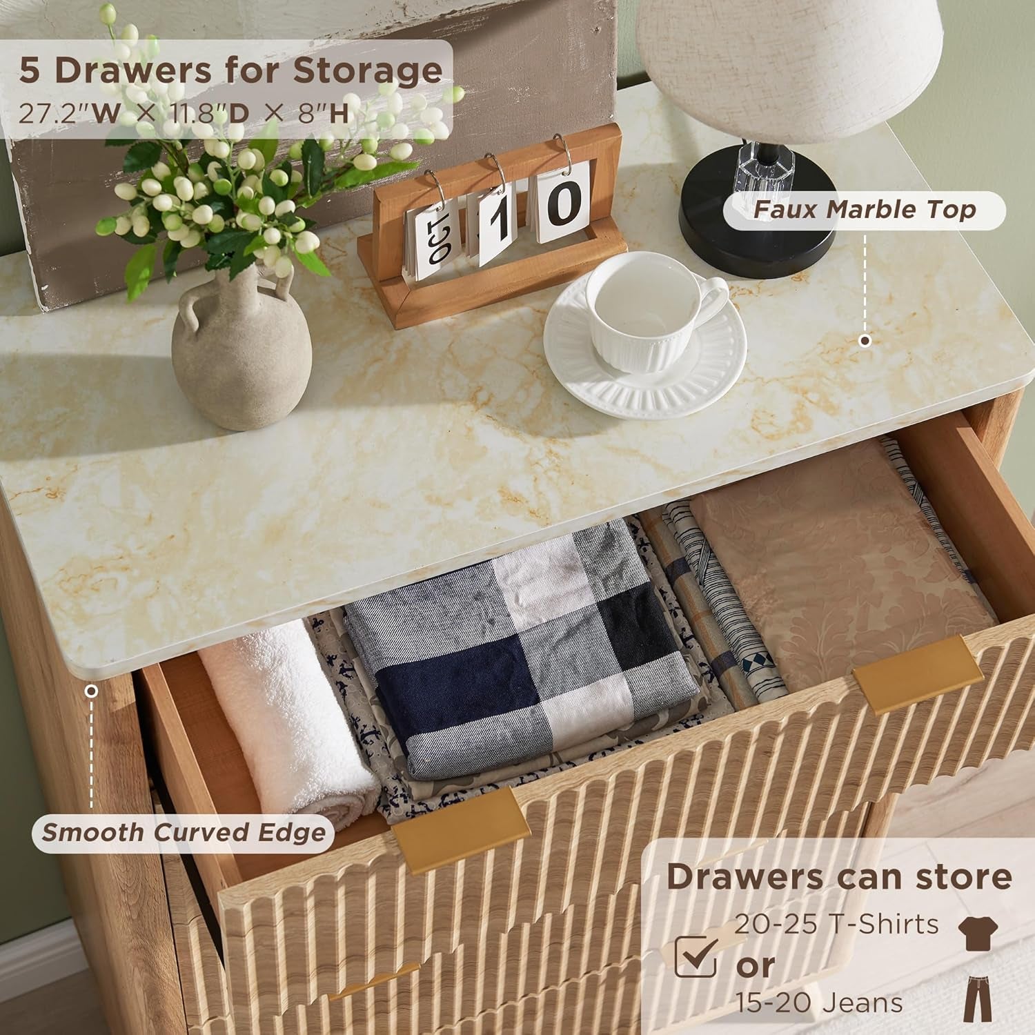 Fluted 5 Drawers Dresser, 48" Tall Modern Chest of Drawers with Faux Marble Top, Curved Profile Design, Wood Drawer Organizer for Bedroom, Living Room, Hallway, Entryway, Natural Oak