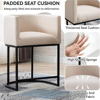 Cream linen upholstered counter height bar stools set of three with black metal base, view 5