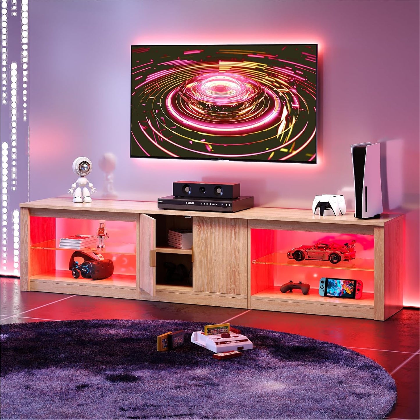 80 Inch TV Stand for 75/85/90 Inch Tvs, LED Entertainment Center with Fluted Storage Cabinet & Adjustable Shelves, Modern Farmhouse Wooden TV Console for Living Room Bedroom, Natual Oak