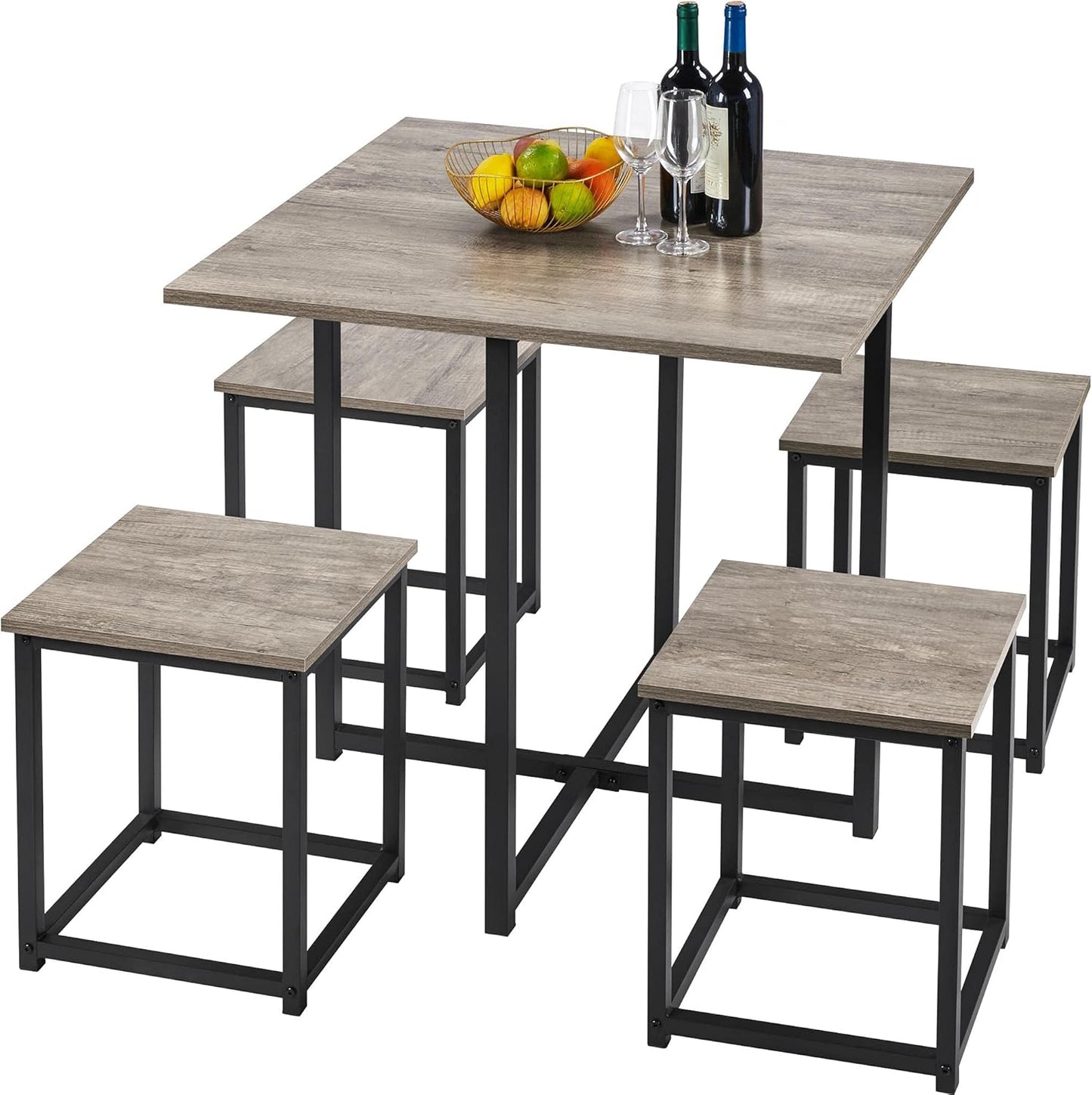 Dining Table Set for 4 Industrial Kitchen Table with 4 Chairs, Space-Saving Design for Apartment, Small Space, Breakfast Nook, Gray