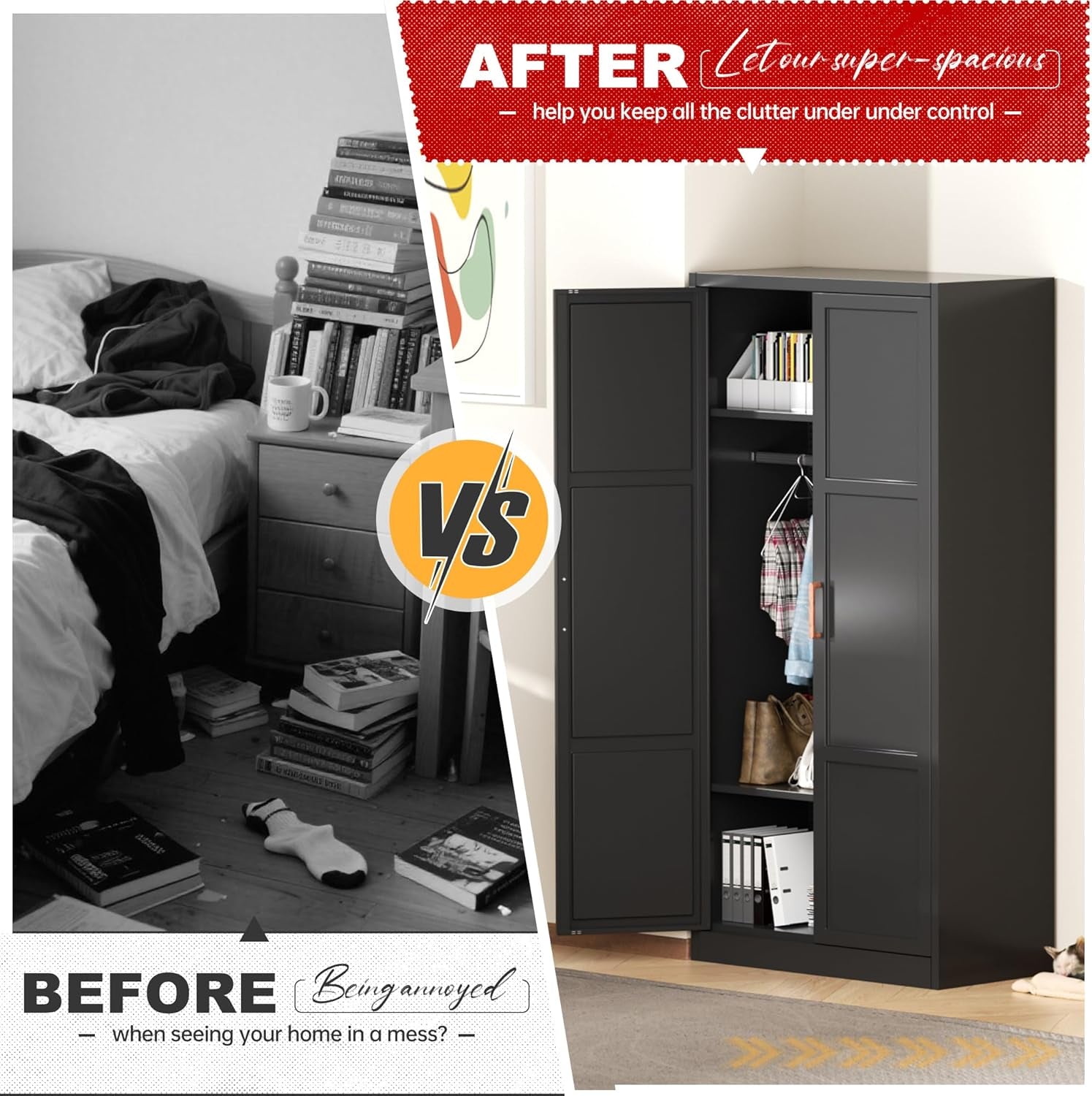 Metal Wardrobe Closet, 72" H Bedroom Armoires with Wooden Handle, Storage Cabinet with Adjustable Shelves and Hanging Rods, Steel Storage Locker Closet for Home, Office, Employee, Gym (Black)