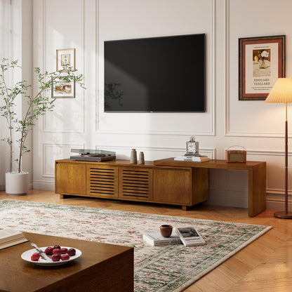 Mid Century Modern TV Stand for 75 Inch TV, Extendable TV Stand with Storage, Media Console TV Cabinet, Farmhouse Entertainment Cabinet for Living Room Bedroom Brown Ebony (63"-98" Extendable)