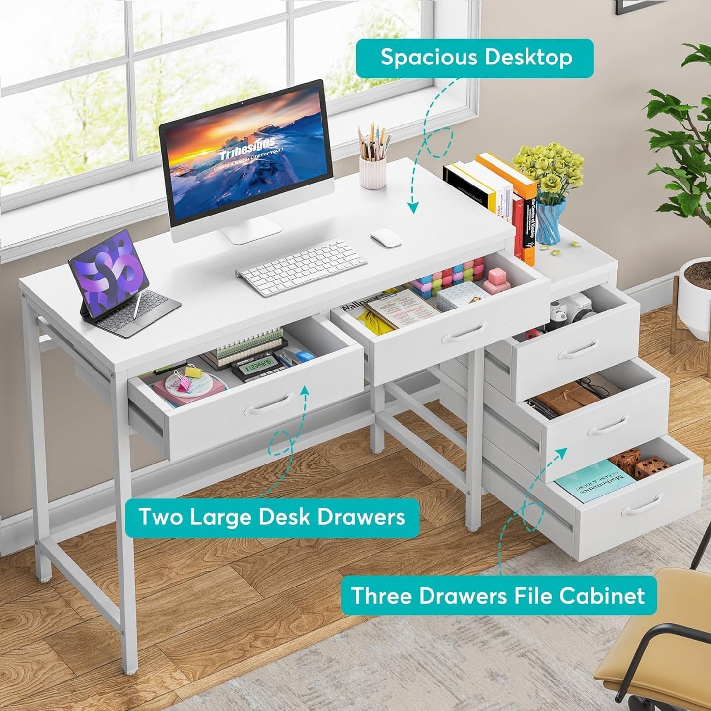 Computer Desk with 5 Drawers, Home Office Desks with Reversible Drawer Cabinet Printer Stand, Industrial PC Desk with Storage, White Study Writing Table Workstation for Small Spaces