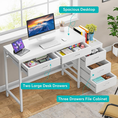 Computer Desk with 5 Drawers, Home Office Desks with Reversible Drawer Cabinet Printer Stand, Industrial PC Desk with Storage, White Study Writing Table Workstation for Small Spaces