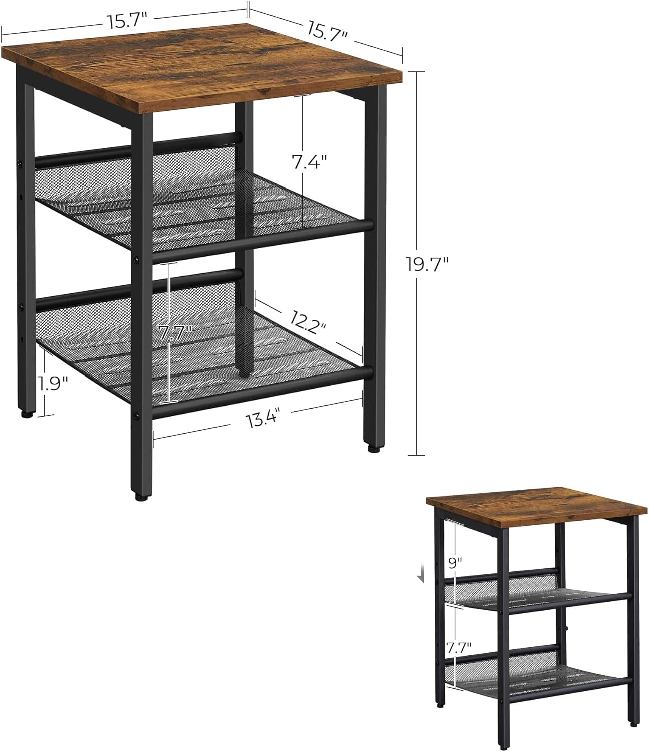 Nightstand, Set of 2 Side Tables, End Tables with Adjustable Mesh Shelves, for Living Room, Bedroom, Industrial, Stable Steel Frame, Easy Assembly, Rustic Brown and Black ULET24X