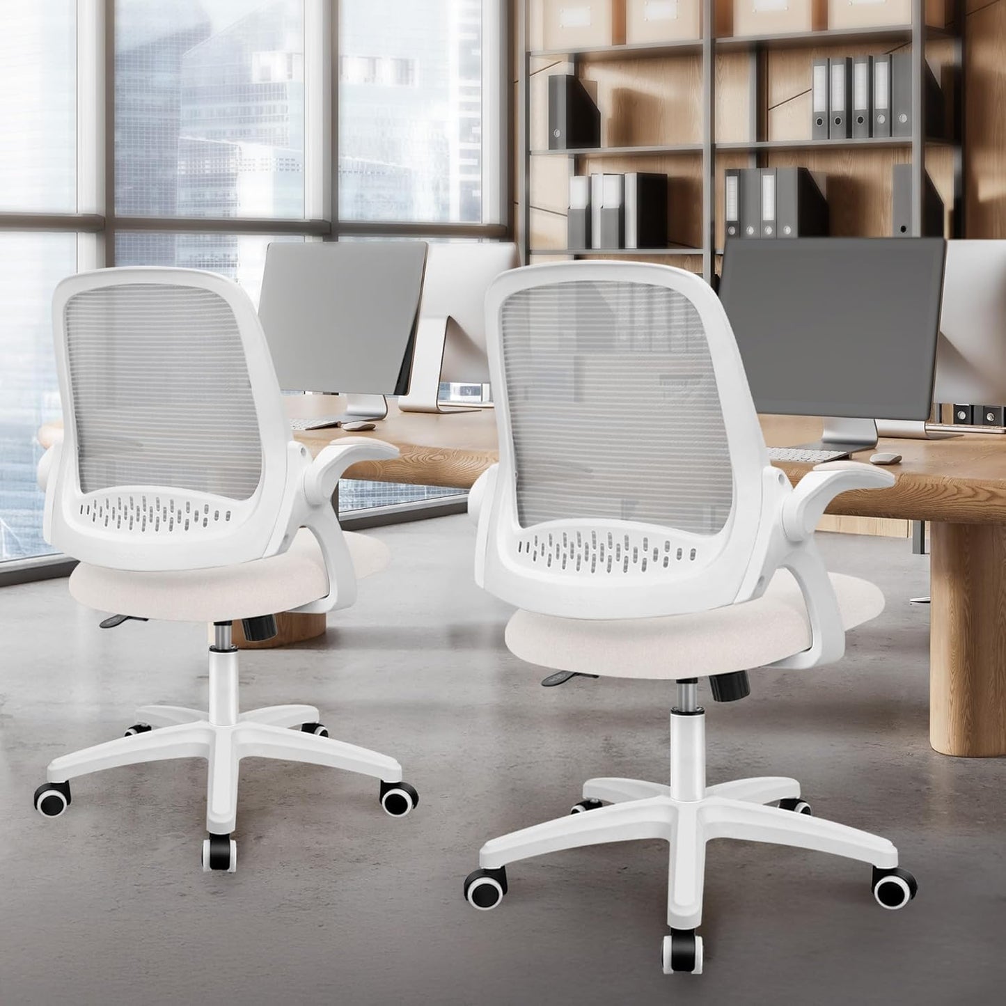 Office Desk Gaming Ergonomic Computer Chair with Lumbar Back Support Adjustable Height Swivel Rolling Wheels Flip-Up Arms Mesh Chair for Home Vanity (Ivory)
