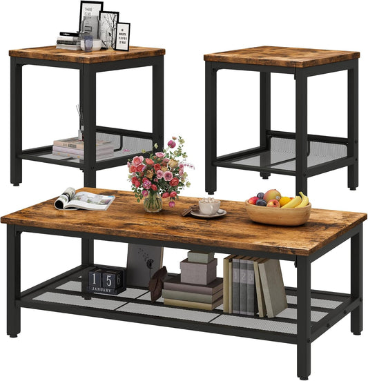 Coffee Table Set of 3, Vintage Wood Coffee Table & 2 End Tables, Square Tabletop Modern Industrial Living Room 3-Piece Set for Apartment Home Office, Rustic Brown