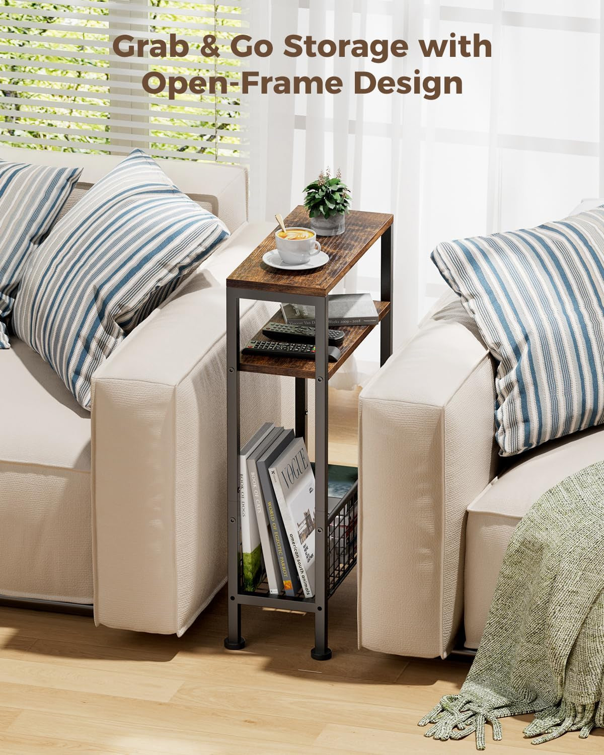 Narrow Side Table, Skinny End Table for Small Spaces with Storage, 3-Tier Slim Wooden Bedside Nightstand Thin Couch Table for Living Room Bedroom Office Dorm Kitchen Bathroom (Rustic Brown)