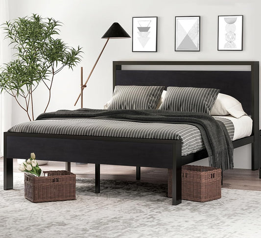 14 Inch Queen Size Metal Platform Bed Frame with Wooden Headboard and Footboard, Mattress Foundation, No Box Spring Needed, Large under Bed Storage, Non-Slip without Noise, Black Oak