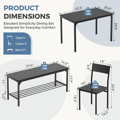Dining Table Set, Dining Table for 4 with Bench, Kitchen Table, Space-Saving Ideal 4-Person Set for Dining Room Kitchen Apartment Corner Black 4 Pack