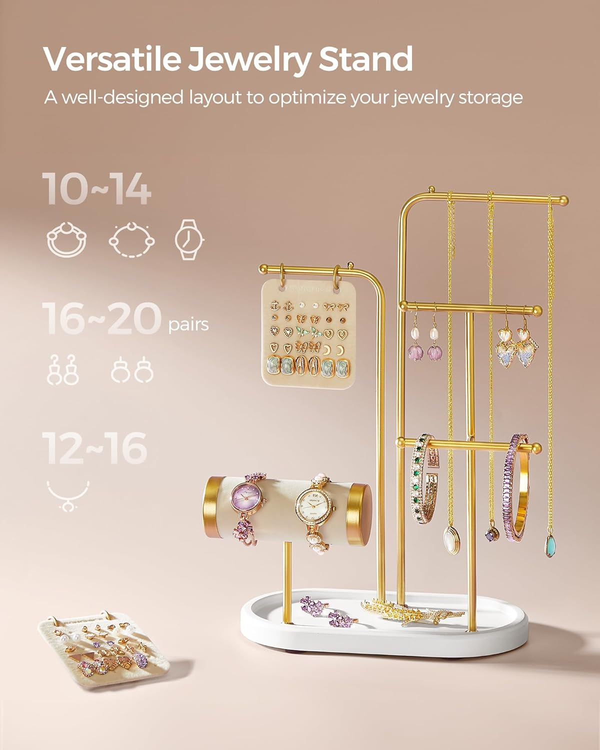 Jewelry Stand, Jewelry Organizer, Jewelry Display Holder with Metal Frame, 2 Earring Boards, 4 Hanging Rods, Necklace Earring Bracelet Holder, for Watches, Metallic Gold UJJS025A01