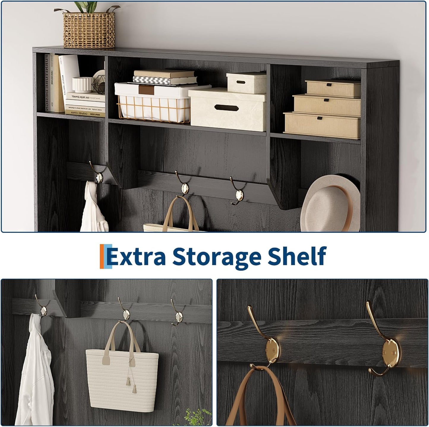 79 in Hall Tree, 5-In-1 Modern Entryway Bench with Coat Rack & Storage, Hall Tree with 4 Hanging Hooks, 3 Open Compartments & Adjustable Shelf, Coat Rack Freestanding for Entryway, Living Room, Black