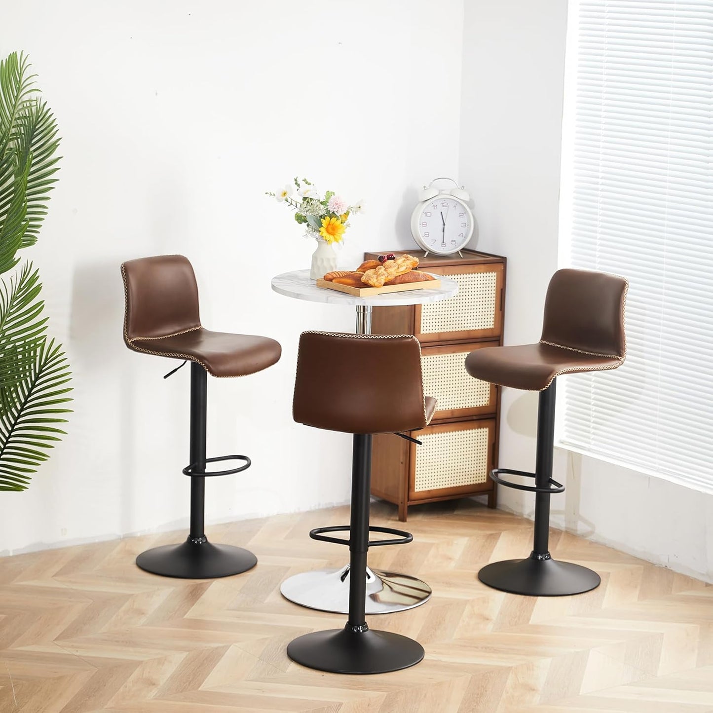 Bar Stools Set of 3, Swivel Counter Height Barstools with Back, Adjustable Height 24" to 32", Brown Faux Leather Bar Chairs for Kitchen Island (Brown, Set of 3 (24'' to 32''))