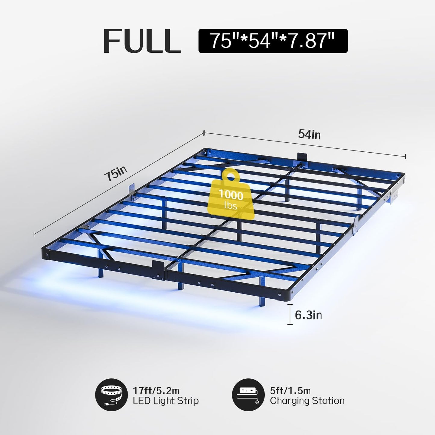 Full Size Modern Floating Bed Frame with Smart LED Lights, USB Charging Station, Sturdy Metal Platform, No Box Spring Needed, and Easy Assembly