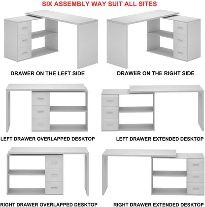 White L-Shaped Computer Desk with 3 Drawers and 2 Shelves, Reversible Home Office Corner Desk for Writing Study Work Executive, 55 Inch Bedroom Wood Table Workstation Desk with Storage Cabinet