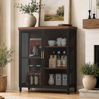 Buffet Cabinet, Metal Mesh Storage Sideboard with Adjustable Shelves, Coffee Bar Cabinet for Dining Room, Kitchen, Living Room, Entryway,Vintage Brown