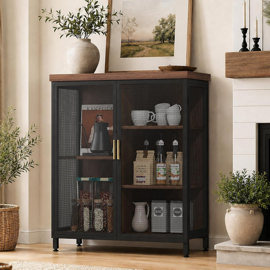 Buffet Cabinet, Metal Mesh Storage Sideboard with Adjustable Shelves, Coffee Bar Cabinet for Dining Room, Kitchen, Living Room, Entryway,Vintage Brown