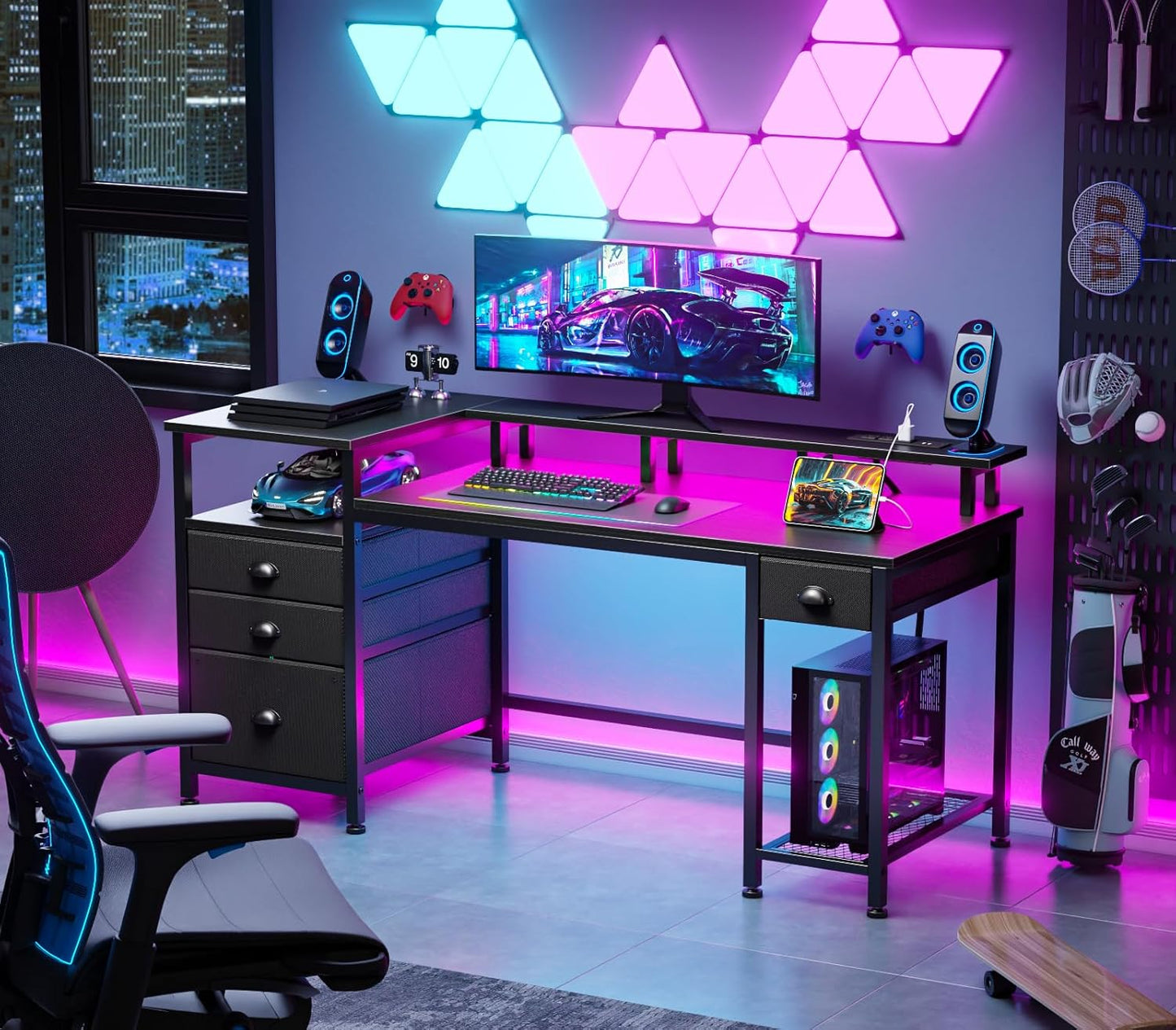 60" Black Computer Desk with 4 Drawers and Printer Space, Gaming Desk with LED Lights and USB Power Outlets, Home Office Desk with Fabric File Cabinet,Study Work Table with Shelf for Bedroom