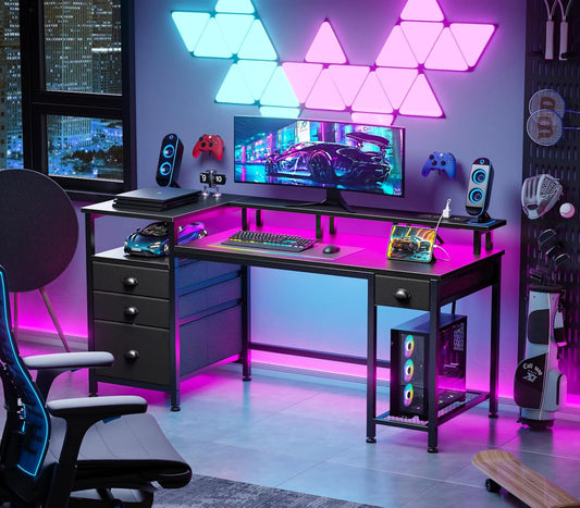 60" Black Computer Desk with 4 Drawers and Printer Space, Gaming Desk with LED Lights and USB Power Outlets, Home Office Desk with Fabric File Cabinet,Study Work Table with Shelf for Bedroom