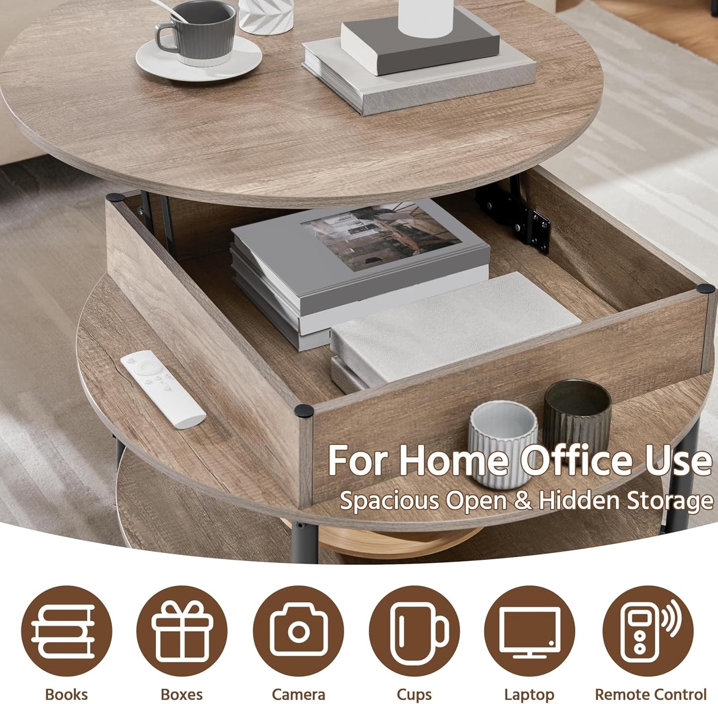 round Lift Top Coffee Table with Hidden Compartment & Storage Shelf, 31'' Farmhouse Coffee Table Center Tables, 2-Tier Small round Dining Table for Living Room Reception Room, Gray