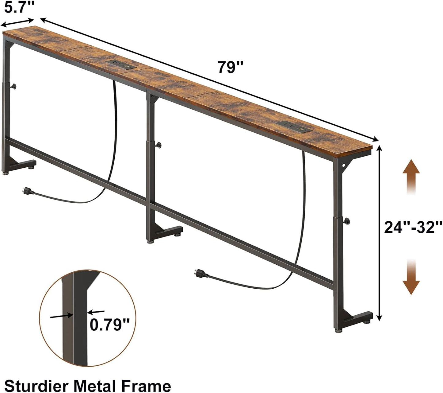 79In behind Couch Table Adjustable Height Sofa Table with Charge Station Narrow Console Table with LED Lights, Rustic Brown