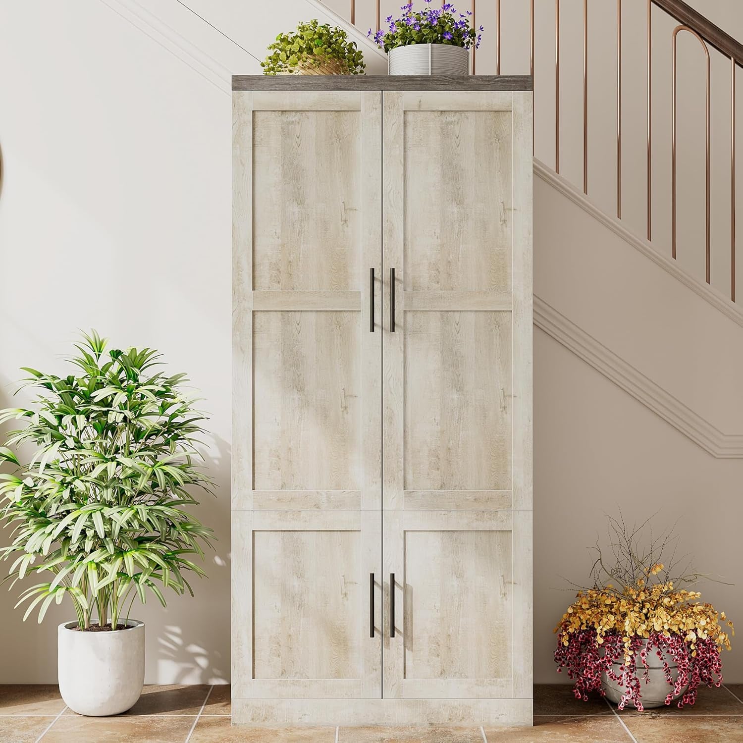 Large Wardrobe Closet, Farmhouse Clothing Storage Cabinet with Hanging Rod and 2 Doors, Wooden Tall Bedroom Armoires with Storage Shelves, Rustic White