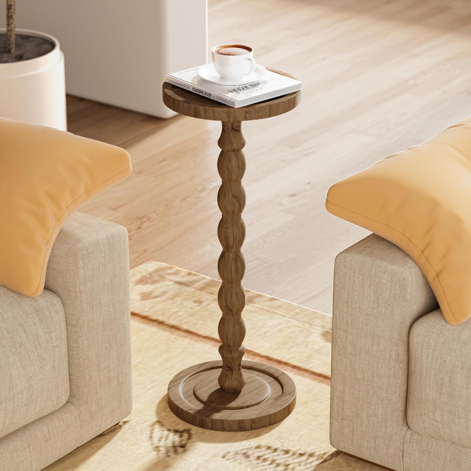 Small Side Table, Rubberwood‌ Drink Table for Small Spaces, Solid Wood Pedestal Coffee Tables, round End Tables for Living Room, Sofa Couch, Bedroom, Corners, and Office (Brown, 9.4 Inch)