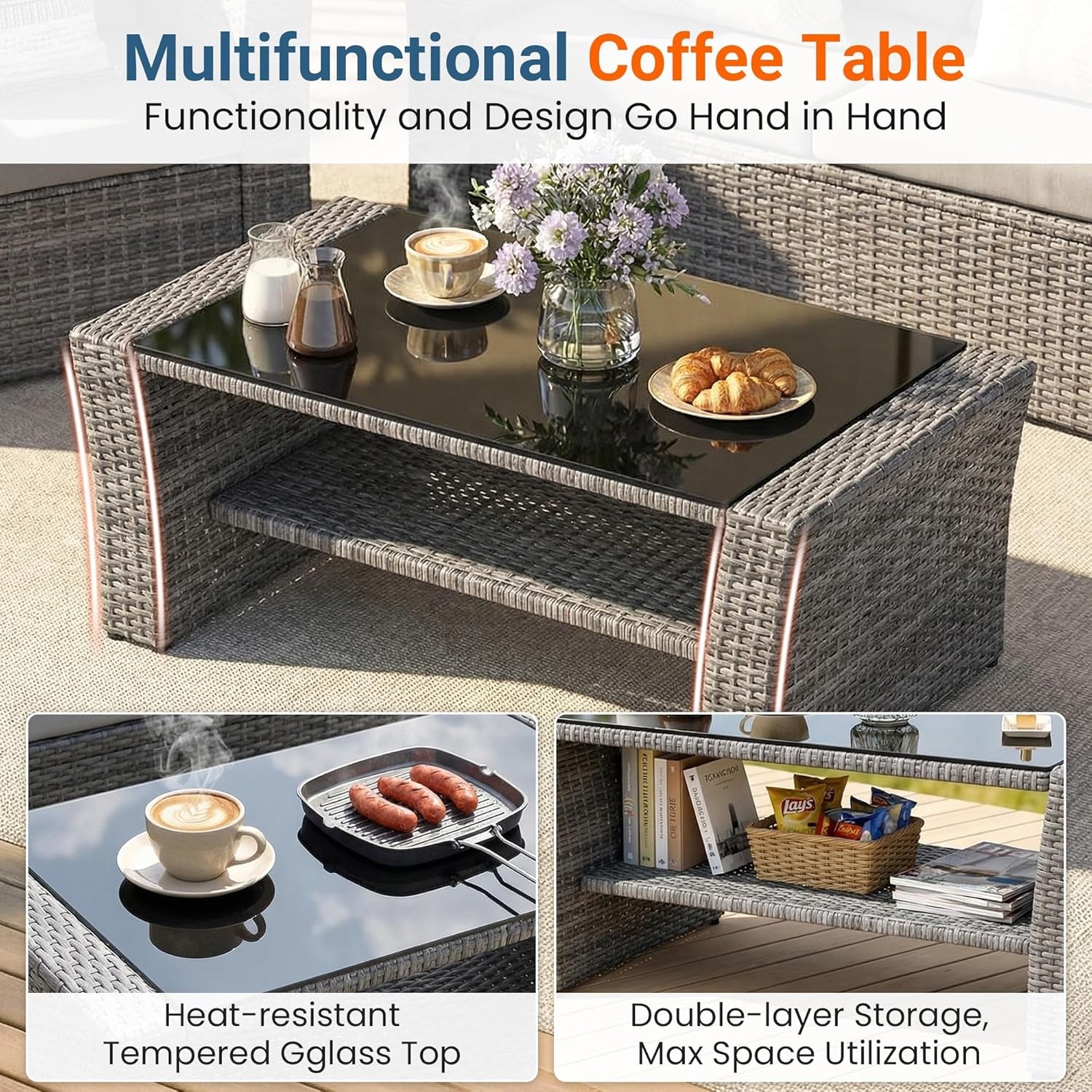 Patio Furniture Set, Wicker outside Outdoor Furniture for All Weather, Patio Sofa with High Backrest Support and Wide Armrest for Backyard, Balcony, Deck, Porch, Light Gray
