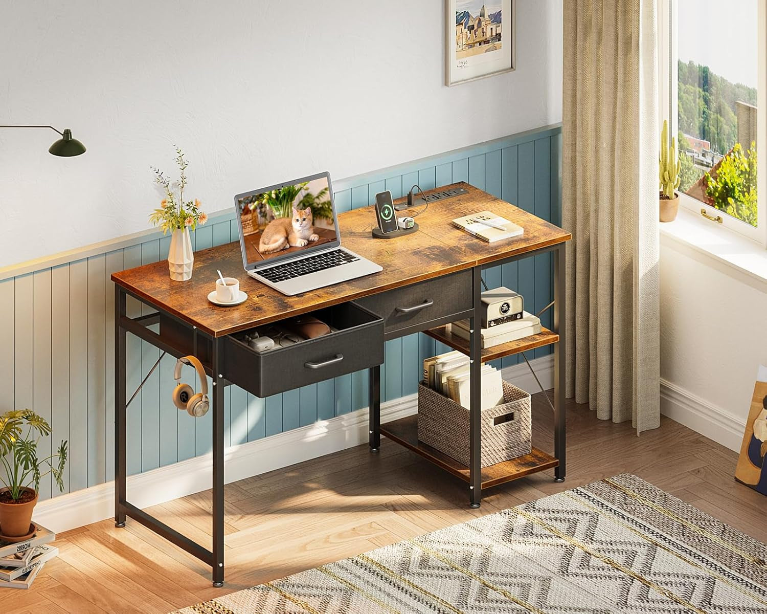Small Computer Desk with Drawers, 40 Inch Reversible Home Office Desk with Power Outlet, Study Laptop Vanity Table with Storage Shelves for Bedroom Small Space, Rustic Brown