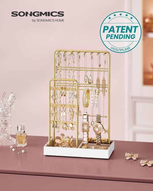 Set of 2 Jewelry Holders, Jewelry Organizers Display Stands with Metal Frame, Velvet Tray, Necklace Earring Bracelet Holders, for Studs, Rings, Gift Idea, Pale Gold UJJS021A01V1-2J