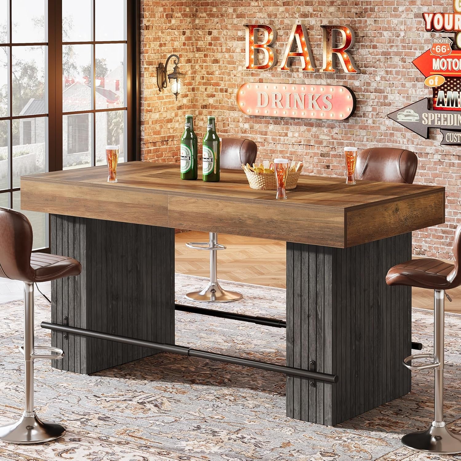 63 Inch Bar Table, Industrial Counter Height Pub Dining Table, Rectangular Home Bar Units with Metal Footrest for Home Kitchen, Dining Room, Bistro