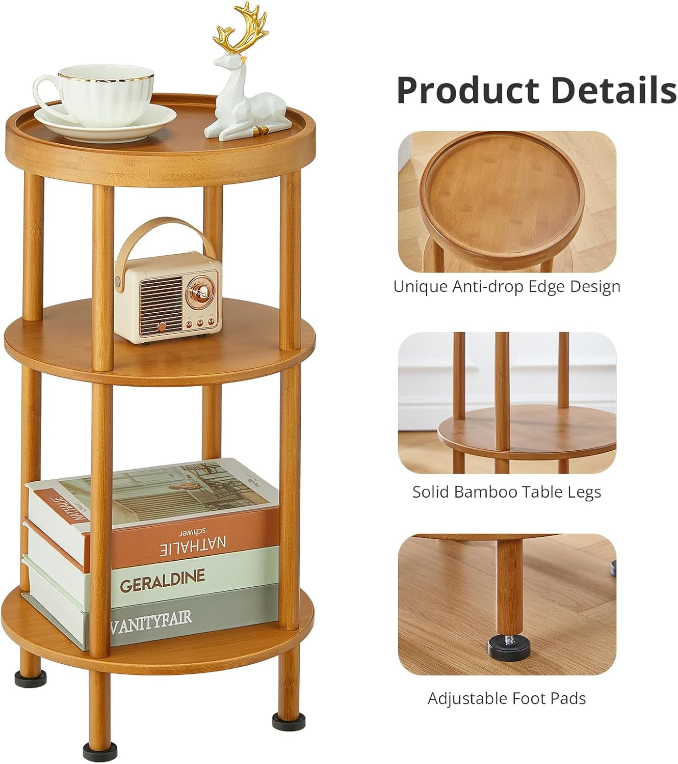 Bamboo Side Table, 3-Tier round End Table with Tray Top, Bathroom Storage Shelf & Plant Stand Indoor, Small Bedside Table Nightstand for Living Room, Bedroom-Brown